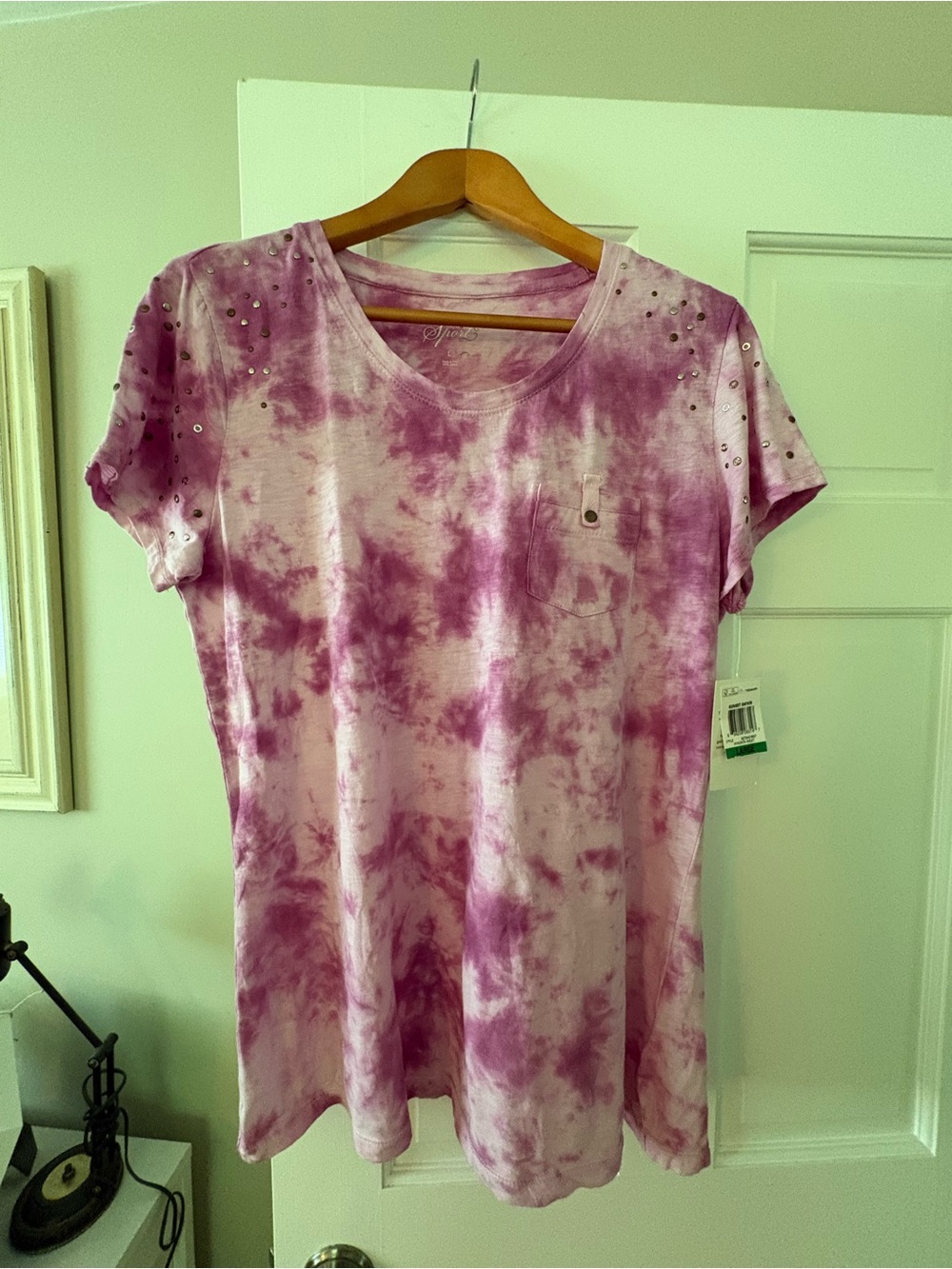 Style & Co. Purple Tie-Dye Short Sleeve Tee with Stud Accents